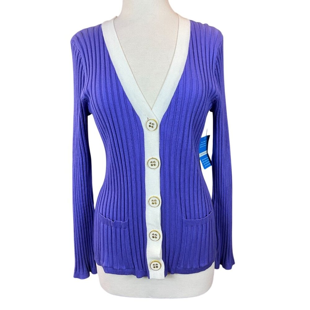 Cable & Gauge Long Sleeve Purple Ribbed Knit V-Neck White Tipped Cardigan LG NWT